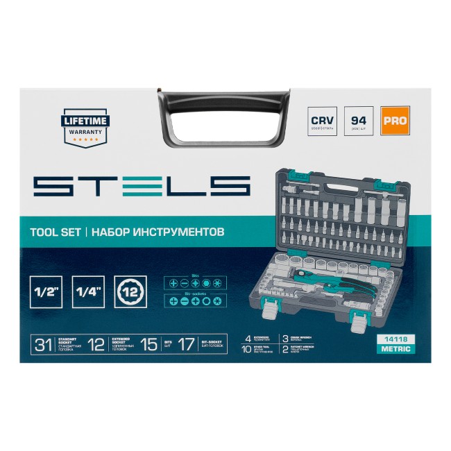 Набор инструментов 1/2", 1/4", CrV 12 гранные головки 94 предмета Stels Набор инструментов 1/2", 1/4", CrV 12 гранные головки 94 предмета Stels