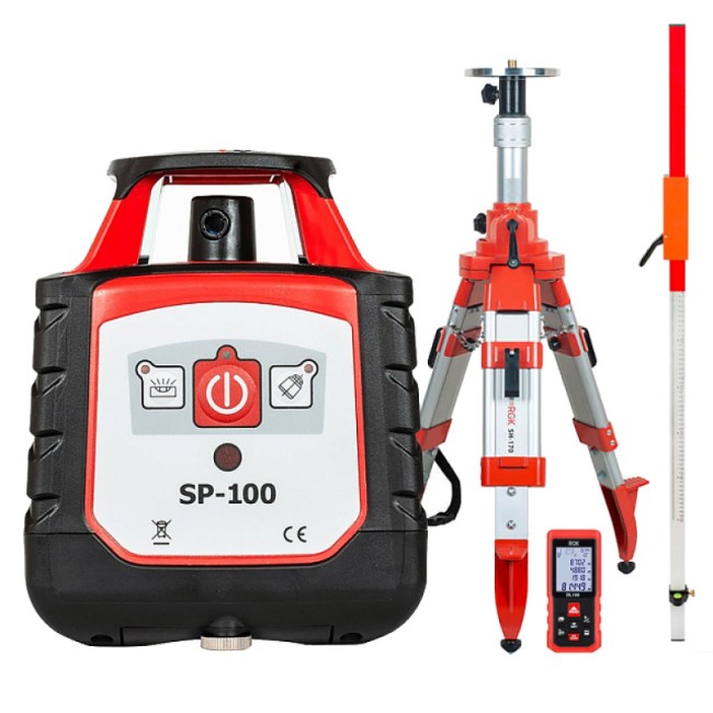 Комплект: ротационный нивелир RGK SP-100 + элевационный штатив RGK SH-170 + рейка RGK LR-2 + дальномер RGK DL100 Комплект: ротационный нивелир RGK SP-100 + элевационный штатив RGK SH-170 + рейка RGK LR-2 + дальномер RGK DL100