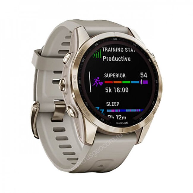 Часы Garmin Fenix 7S Sapphire Solar титановый кремово-золотой с светло-песочным силиконовым ремешком