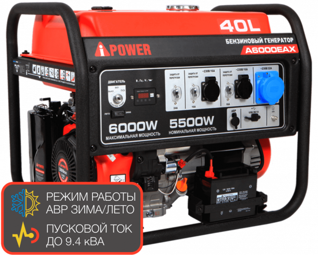 Бензиновый генератор A-iPower A6000EAX + блок автозапуска A-iPower 400 В, 25 А Бензиновый генератор A-iPower A6000EAX + блок автозапуска A-iPower 400 В, 25 А
