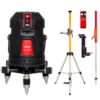 Комплект: лазерный уровень RGK UL-44W Black + штанга-упор, приемник, рейка